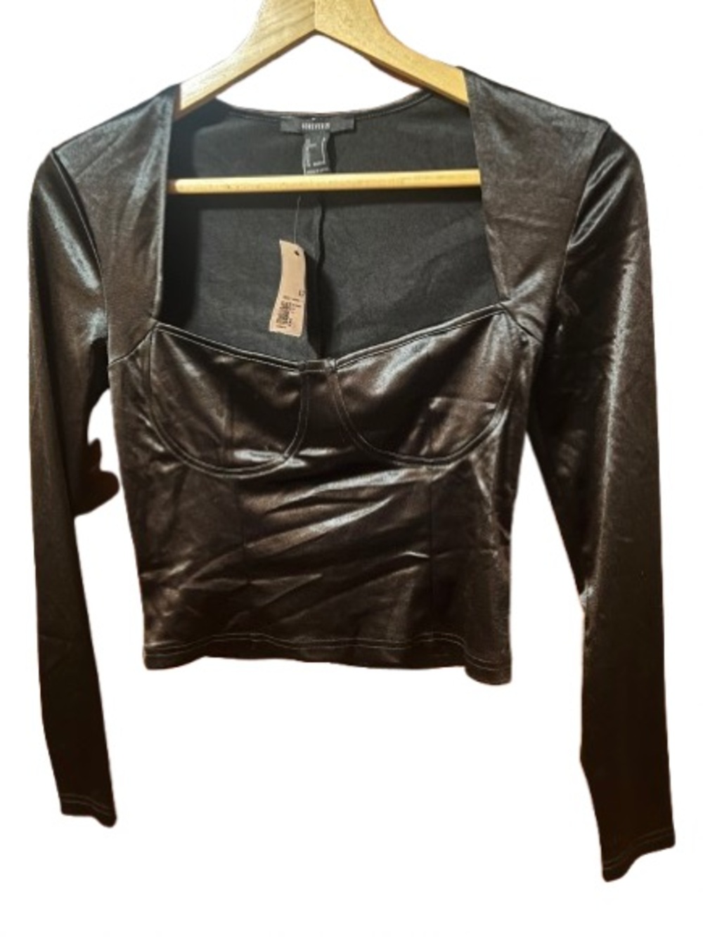 NWT Forever 21 Shiny Black  Long Sleeve Bustier Top Size Small
